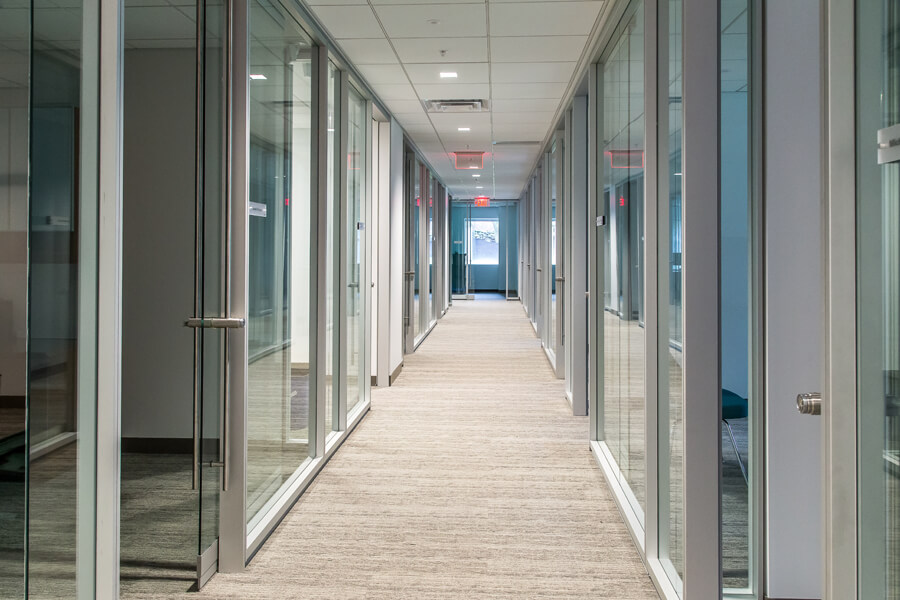 Remodeled commercial hallway with carpeted floors and glass doors