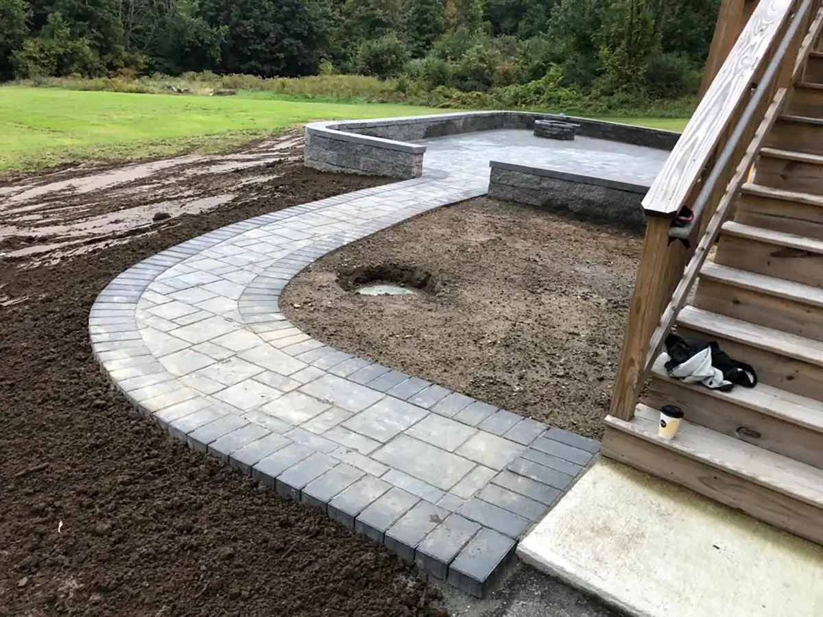 Outdoor living, construction, new stone patio with walkway