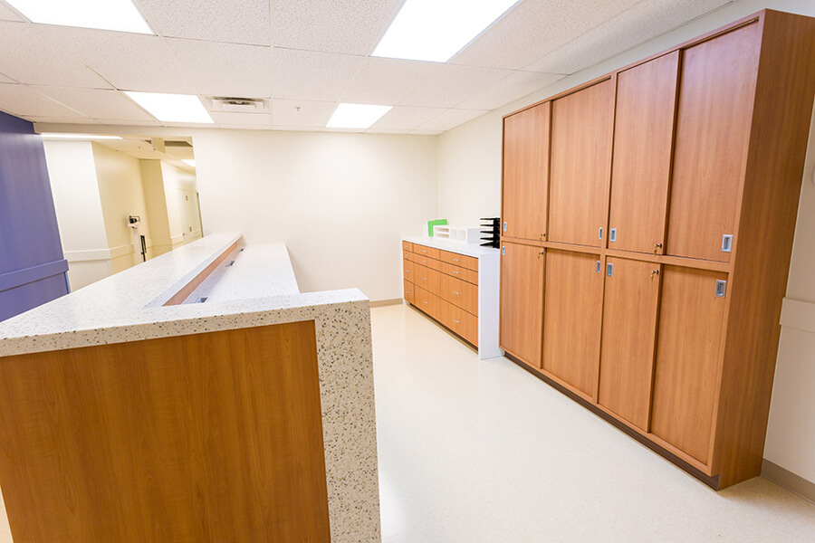 Remodeled office, storage lockers, and counter